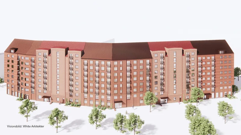 Visionsbild av flerbostadshuset i kvarteret Krikonträdet i Malmö, där Kvarnerup ansvarar för el, tele och solceller